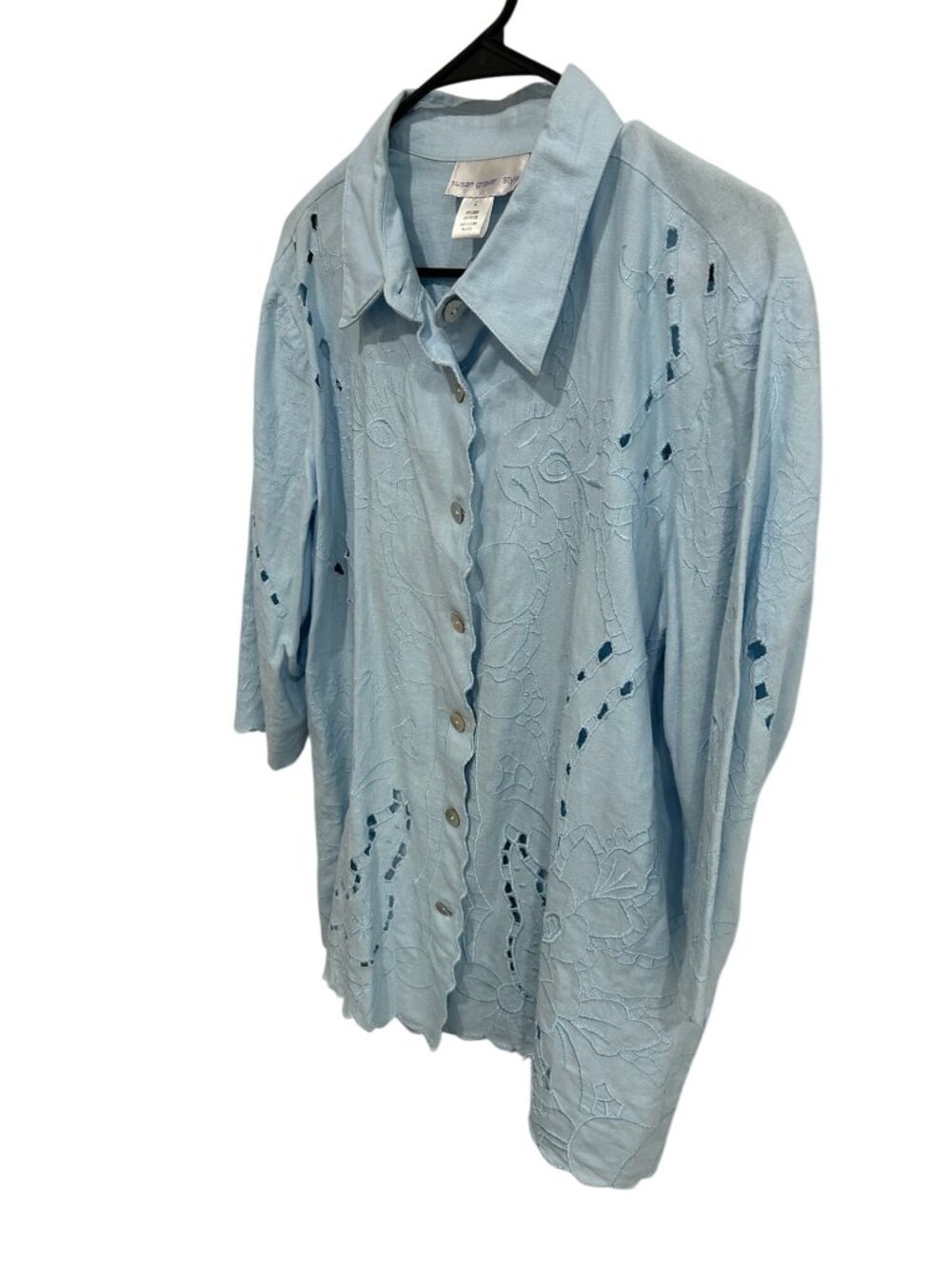 Susan Graver Style Light Blue Button-Front Blouse L Back Design Cutout Country - Picture 3 of 9